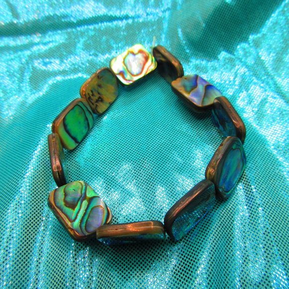 Abalone Large Rectangles 7" Stretchy Gemstone Bracelet - Picture 2 of 3